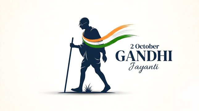 Happy Gandhi Jayanti minimalist banner with Mahatma Gandhi walking silhouette and tricolor brush stroke