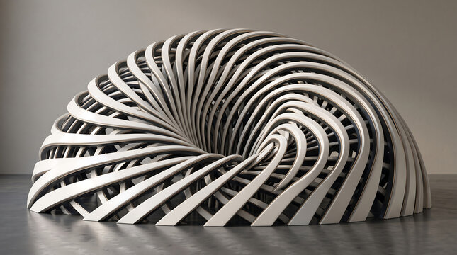 Abstract geometric shell structure with parametric spiral design and modern architectural form
