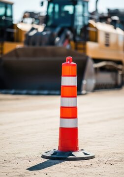 A bright orange safety pylon stands prominently on a dusty construction zone surface, marking a restricted area near industrial equipment, drive, cone, work