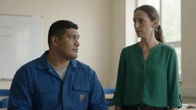 Male Trainee In Overalls And Female Interpreter Standing Together In Classroom