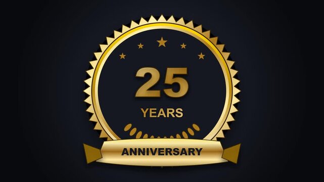 25 years anniversary gold emblem badge animation on dark background, corporate celebration sign 25th anniversary