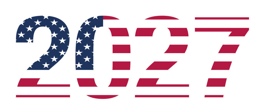 Patriotic number 2027 stylized with American flag stars and stripes on transparent or white background for USA New Year promo