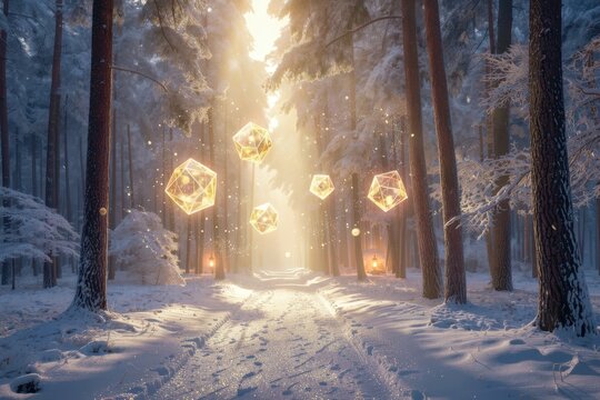 Glowing geometric shapes float above a snowy winter forest path