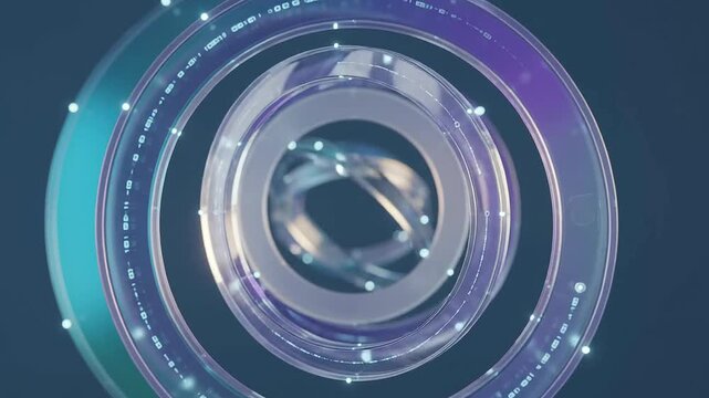 Abstract futuristic digital glass rings rotating with glowing lights