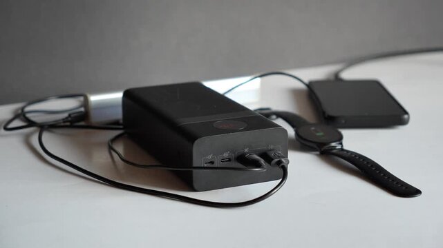 Connecting a USB Type-A cable to a power bank. Sleek black portable power banks charging gadgets&mdash;such as a smartphone, smartwatch, and LED lighting. A concept representing modern gadgets