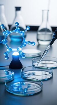 Scientific laboratory setup with a glowing blue molecular model, glass petri dishes, and a precision pipette for pharmaceutical research, compound, health, future