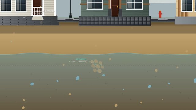 Animation illustrating soil liquefaction during an earthquake, showing increased pore pressure causing houses to tilt, settle, and experience structural damage due to loss of intergranular friction