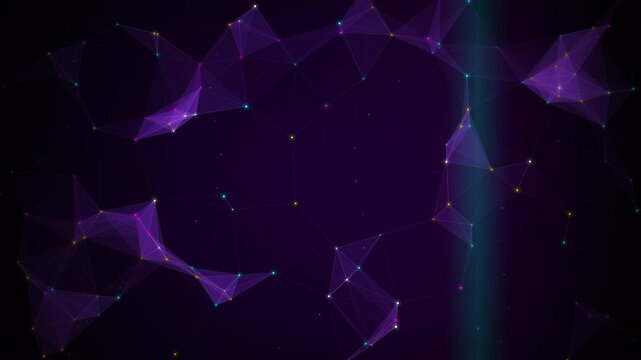 A vibrant, multi-colored geometric network with triangular mesh surfaces and floating data particles, featuring a sweeping light scan effect.