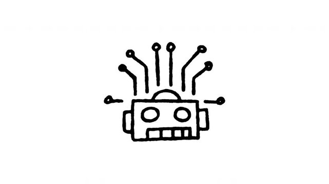 Animated doodle icon of a complex robot head profile with visible components.
