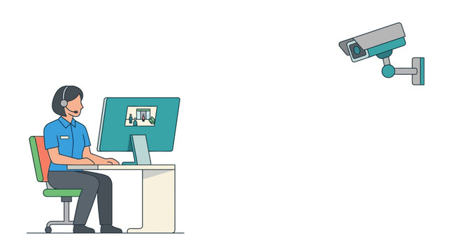 Security operator monitors surveillance camera feed on computer screen
