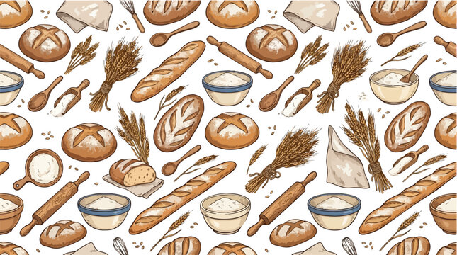 Seamless Pattern of Hand Drawn Bakery Items and Baking Tools.