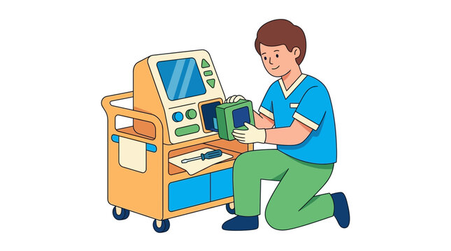 Technician repairing medical equipment isolated on transparent background