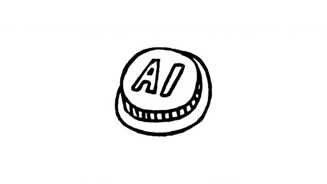 Animated doodle icon of a hand pressing a round button with AI letters on it.