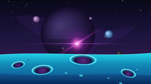 Animated alien planet surface with craters and glowing starry space galaxy background, with planets and, lens flare
