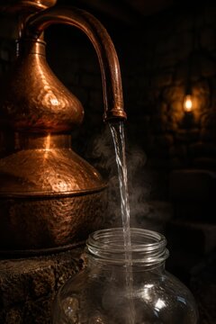 Clear spirit running from a copper pot still spout into a glass jar