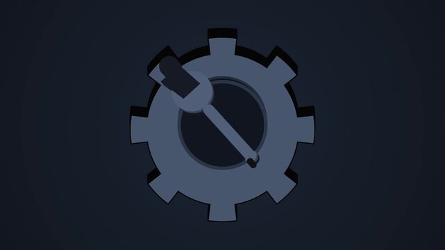 Animated blue gear with wrench tool icon rotating continuously on dark background, for maintenance and, technical support concept