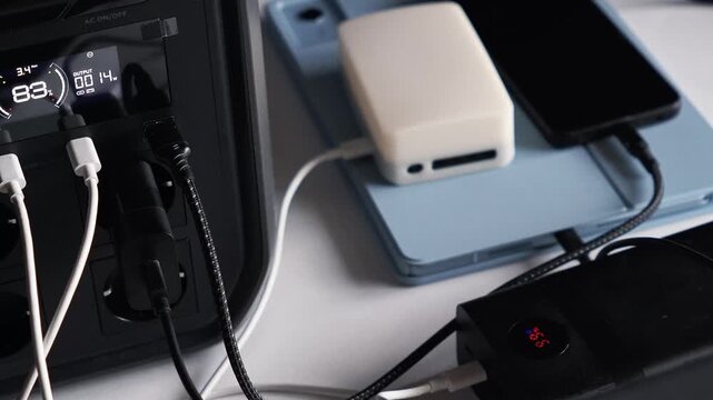 Portable power station with multiple cables for powering devices; charging smartphones, tablets, smartwatches, power banks, and flashlights. Concepts of backup power, energy independence