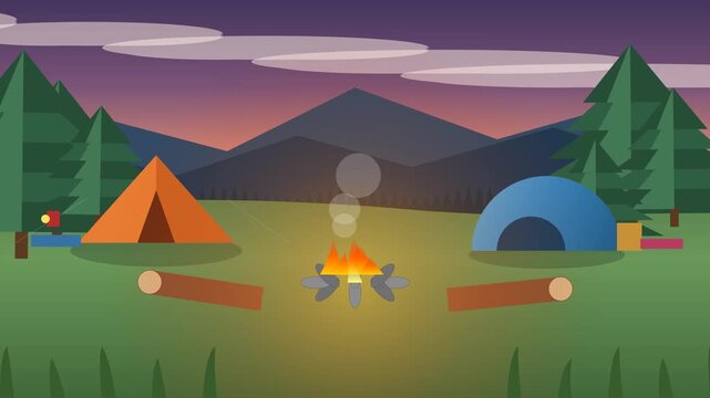 Animated camping scene with campfire and tents in mountain forest at sunset flat background, loop