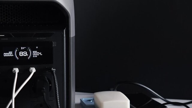 Portable power station for powering devices; charging smartphones, tablets, smartwatches, power banks, and flashlights. A concept for backup power and energy independence. Electricity, energy storage