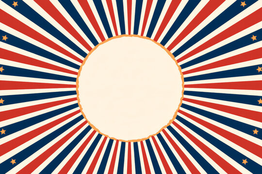 Retro red blue and white frame has a blank circular center. Filipino American heritage, patriotic background, social media.