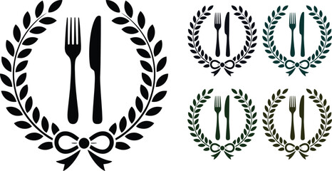 Obraz premium Fork and knife set in laurel wreath vector icons