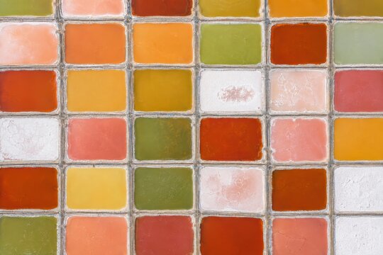 Aerial view of salt evaporation ponds in vivid colour blocks