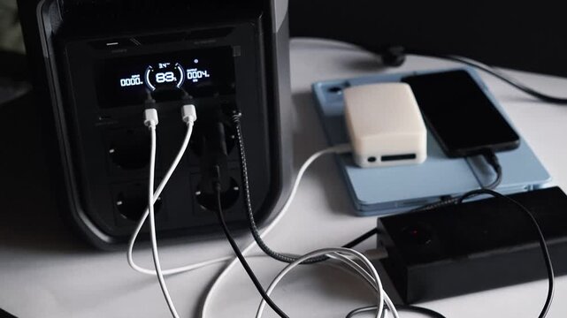 Portable power station for powering devices; charging smartphones, tablets, smartwatches, power banks, and flashlights. A concept for backup power and energy independence. Electricity, energy storage