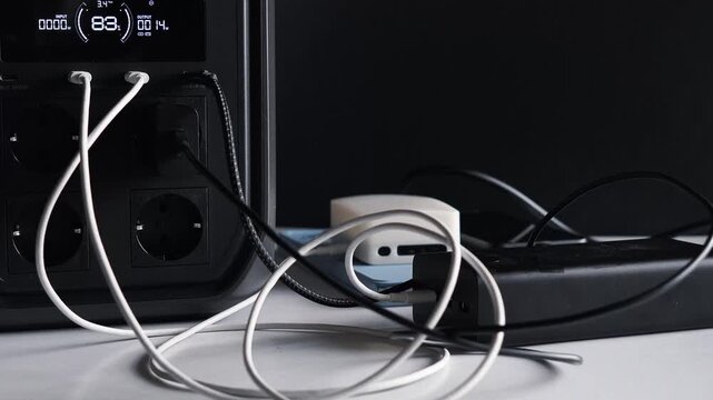 Portable power station with multiple cables for powering devices; charging smartphones, tablets, smartwatches, power banks, and flashlights. Concepts of backup power, energy independence