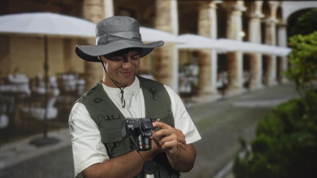 Man holding camera, hand adjusting lens in front of building with colonnade and umbrella cafe; travel joy.