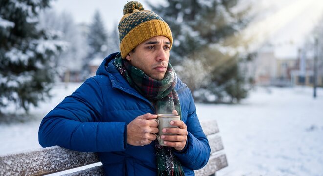 person with a sad expression in winter, Young man drinking hot beverage on a snowy park bench in winter