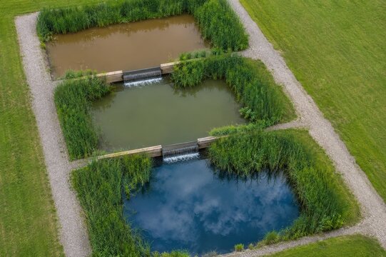 Ponds of treated water stepping down a reed filtration bed