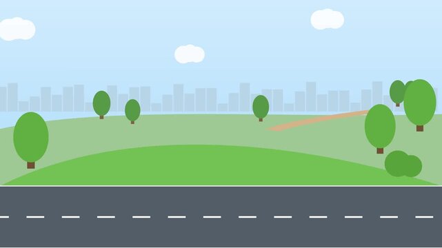 Animated flat urban park background, with road and, city skyline in, motion for explainer, flat 2D animation