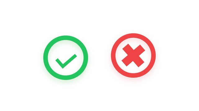 Animated green check mark and red cross icons for true or false choices, success and failure symbols