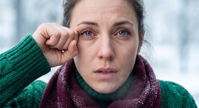 tired eyes in winter light, Young woman wiping eye and looking sad outdoors in winter  