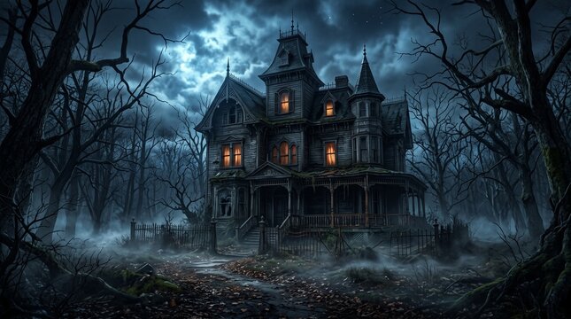 Eerie gothic haunted mansion in a spooky foggy forest at night for helloween celebration