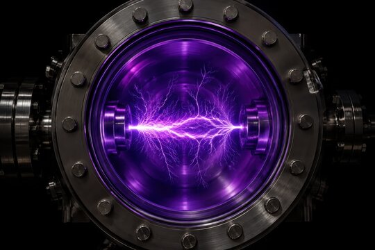 Glowing plasma arcs inside a dark vacuum chamber