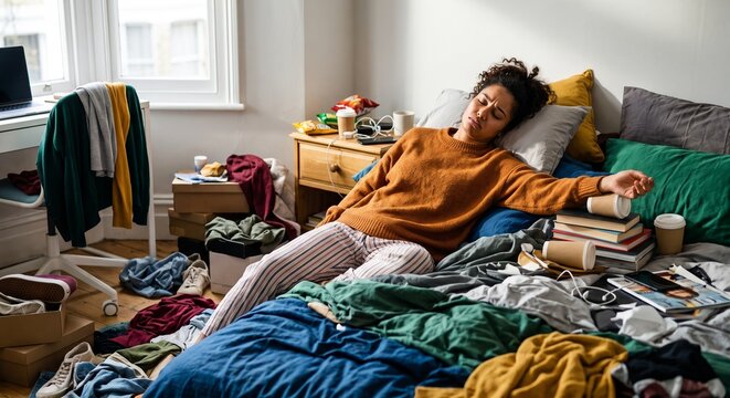 messy room due to lack of energy, Young woman sleeping on messy bed in a cluttered bedroom during daytime  