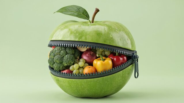 Green apple with zipper opening to reveal fresh vegetables and fruits