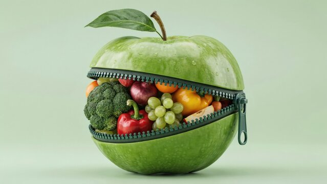 Green apple with zipper opening to reveal fresh vegetables and fruit