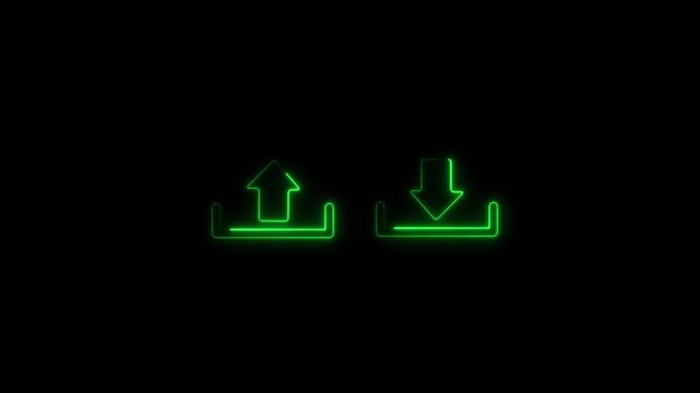 Neon Upload and Download Icons Animation with Glowing Up and Down Arrows for Digital File Transfer, Data Sharing and Cloud Storage Interface