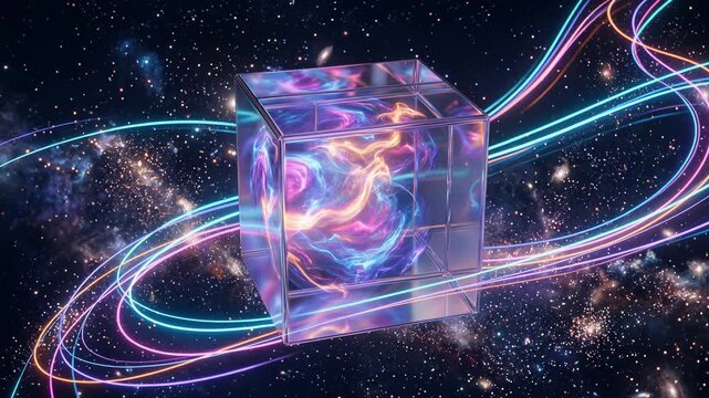 Colorful abstract energy rotating inside a neon glass cube floating in a cosmic galaxy with stars