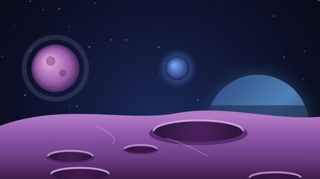 Animated purple alien planet surface with craters, distant moons, and glowing starry night sky background, in flat style