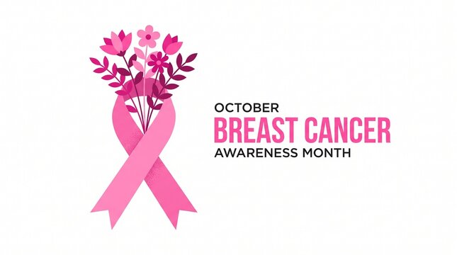 Pink ribbon with flowers for breast cancer awareness month graphic design on a plain white background