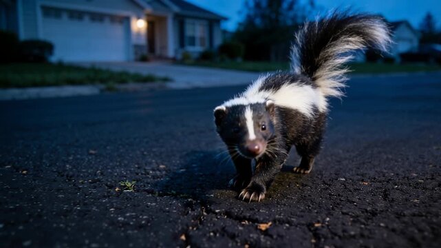 Striped skunk with a fluffy tail walking on asphalt road in a suburban neighborhood at night