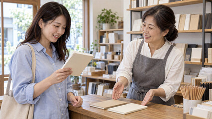 Fototapeta premium 地元の文具店で店主の説明を聞きながらノートを選ぶ日本人女性