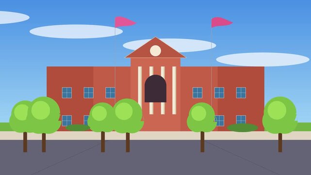 Animated school building exterior flat 2D with trees and moving clouds for education projects university