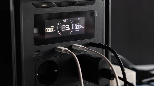 Portable power station for powering devices via multiple connected cables; display showing battery charge percentage and output power. Concept of backup power and energy independence; electricity