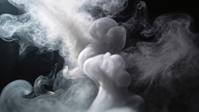 Billowing white ink creating abstract clouds and swirls dissolving in dark water
