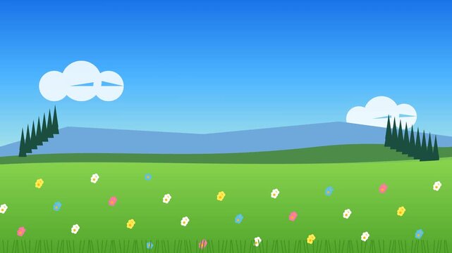 Animated spring landscape with blooming flowers and rolling green hills in flat style background animation