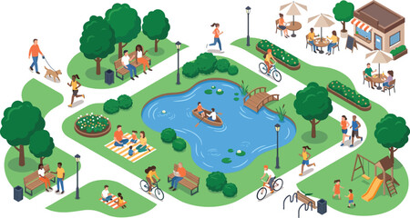 Obraz premium Isometric city park illustration with people walking running cycling and relaxing near a pond and cafe